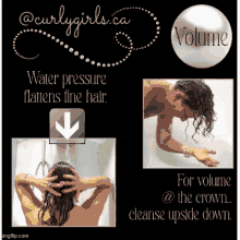 a picture of a woman taking a shower with the words water pressure flattens fine hair