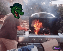 a cartoon of a man with a crocodile on his head grilling