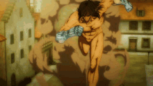 a naked man is flying through the air in front of a city