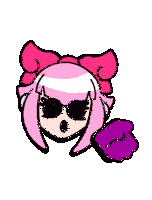 a cartoon drawing of a girl with pink hair and sunglasses .