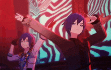 a couple of anime characters are standing next to each other with their arms outstretched in front of a colorful background .