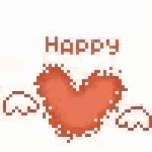 a pixel art of a heart with wings and the words `` happy '' written above it .