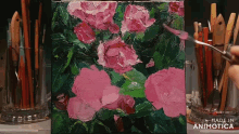 a painting of pink flowers on a canvas is made by animatica