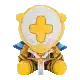 a stuffed animal with a cross on it is sitting on a table .