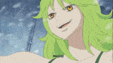 a girl with green hair and yellow eyes is saying i 'm sorry