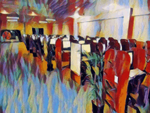 a colorful painting of a room with people sitting in it