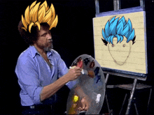 bob ross painting a picture of a person with blue hair