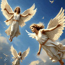 a painting of three angels flying in a blue sky with a star on the bottom