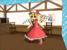 a cartoon character in a red dress is dancing in a room