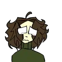 a drawing of a person with brown hair and a green turtleneck is crying