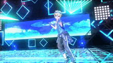 a cartoon character is dancing on a stage with a large screen behind him