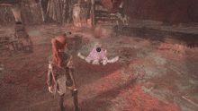 a woman in a video game is standing in front of a purple ghost