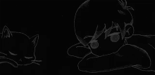 a drawing of a boy sleeping next to a cat in the dark .