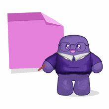 a cartoon character wearing glasses and a purple sweater holds a pencil