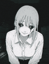 a black and white drawing of a girl with a smile on her face
