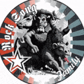 a circle with a picture of a monster and the words rock song family on it