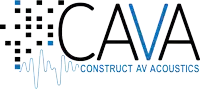 a logo for cava construct av acoustics with a blue wave