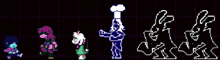 a group of pixel art characters are standing next to each other on a dark background .