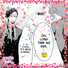 a black and white drawing of two men with the words oh long time no see in the middle