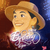 a cartoon drawing of a woman wearing a hat and the words happy birthday to you