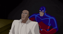 a man in a white shirt is being attacked by a superhero in a blue and red suit
