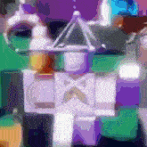 a colorful drawing of a castle with a purple and green background