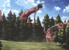 a naked man is jumping in the air in front of a forest
