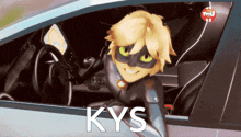 a cartoon character is sitting in a car and the word kys is visible