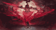 a painting of a samurai holding a sword in front of a red background .