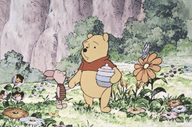 winnie the pooh and piglet holding hands walking