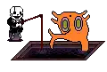 a pixel art drawing of a man and a monster standing next to each other in a pool .
