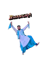 a man in a white shirt and blue pants is dancing with the word bhangra behind him