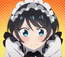 a girl with blue eyes and a maid 's headband is making an angry face