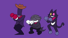 three cartoon characters are standing next to each other on a purple background ..