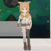 a girl with fox ears is standing in front of a green background