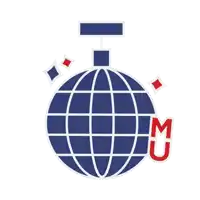 a blue and white globe with a red letter m on it