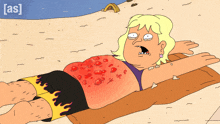 a cartoon of a woman laying on a beach with the letters [ as ] on the bottom