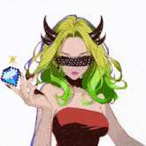 a woman with green hair and horns is holding a pixelated diamond .