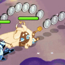 a cartoon character is laying on the ground in a video game surrounded by coins and a green bar .
