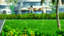 vegeta from dragon ball z is standing in front of a building with umbrellas and flowers .