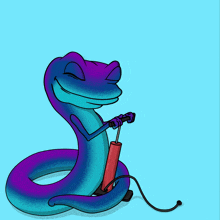 a purple and blue lizard pumping a green stick