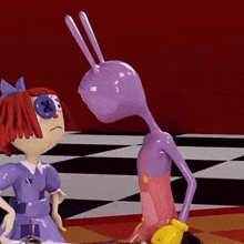 a purple cartoon character is standing next to a red doll with a blue eye