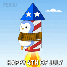 a happy 4th of july greeting card with a penguin tied up in a firework rocket
