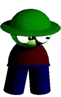 a green cartoon character wearing a green hat and a red shirt .