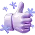 a purple thumbs up sign with blue stars around it .