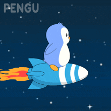 a penguin is riding on the back of a blue rocket with the word pengu below it