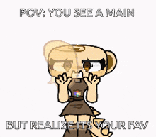 a cartoon character is holding a spray bottle and says pow you see a main but realize it 's your fav .