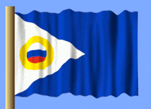 a blue and white flag with a red white and yellow circle on it