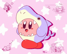a drawing of kirby dressed as a shark on a pink background