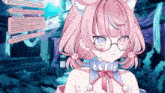 a girl with pink hair and glasses is talking on a screen